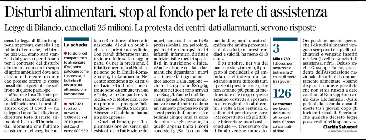 Disturbi Alimentari Corriere 6 gennaio 2024