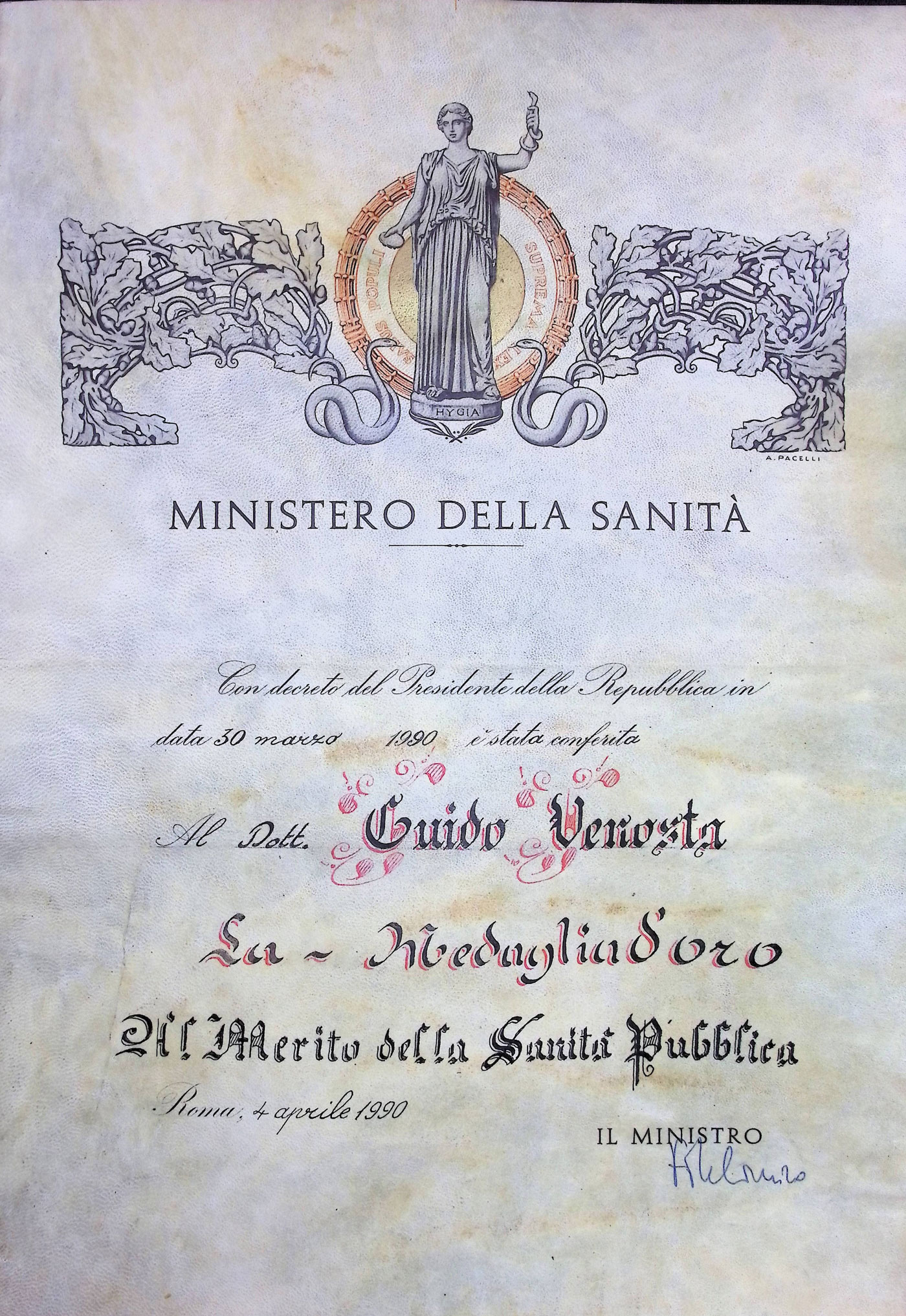 Diploma-di-conferimento-della-Medaglia-d-oro-al-merito-della-Sanita-pubblica-a-Guido-Venosta-1990