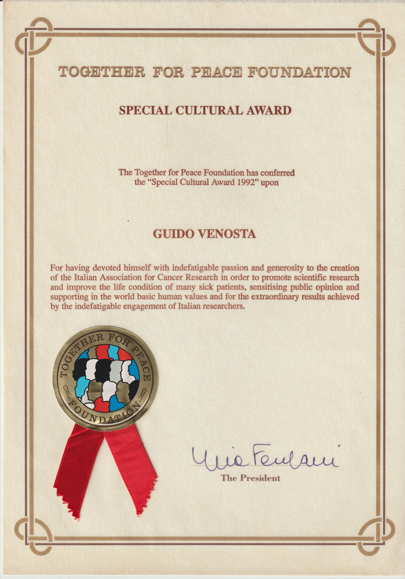 Giuseppe-Caprotti-nonno_Diploma-della-Together-For-Peace-Foundation-di-Maria-Pia-Fanfani-a-Guido-Venosta,-1992